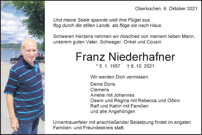  Traueranzeige für Franz Niederhafner vom 16.10.2021 aus Schwäbische Post