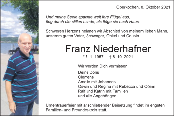 Traueranzeige von Franz Niederhafner von Schwäbische Post
