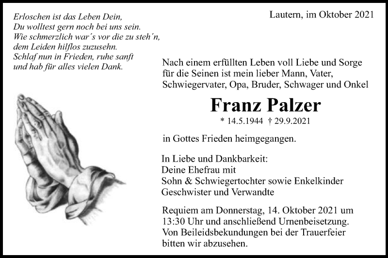  Traueranzeige für Franz Palzer vom 12.10.2021 aus Gmünder Tagespost