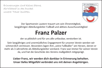Traueranzeige von Franz Palzer von Gmünder Tagespost