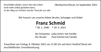 Traueranzeige von Franz Schmid von Schwäbische Post