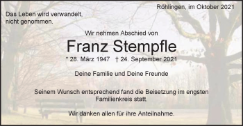 Traueranzeige von Franz Stempfle von Schwäbische Post