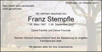 Traueranzeige von Franz Stempfle