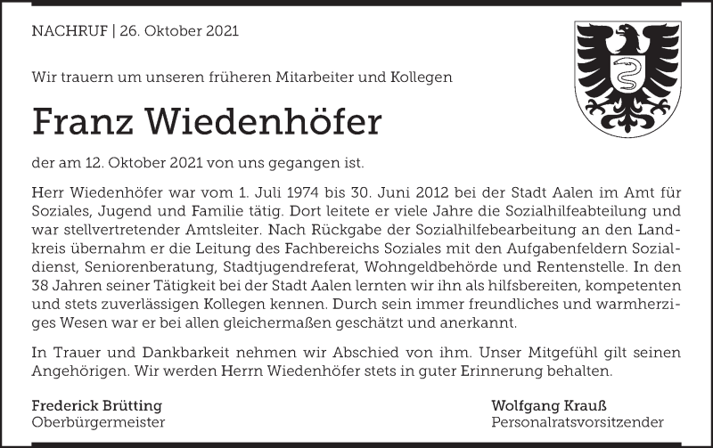  Traueranzeige für Franz Wiedenhöfer vom 26.10.2021 aus Schwäbische Post