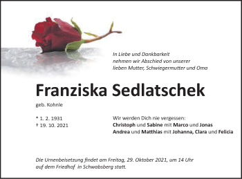Traueranzeige von Franziska Sedlatschek von Schwäbische Post