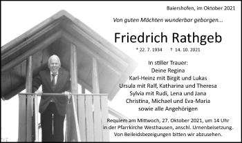 Traueranzeige von Friedrich Rathgeb von Schwäbische Post