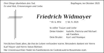 Traueranzeige von Friedrich Widmayer von Bopfinger Stadtanzeiger