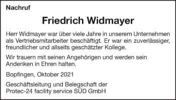 Traueranzeige von Friedrich Widmayer von Bopfinger Stadtanzeiger