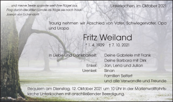 Traueranzeige von Fritz Weiland von Schwäbische Post