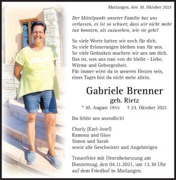 Traueranzeige von Gabriele Brenner von Gmünder Tagespost