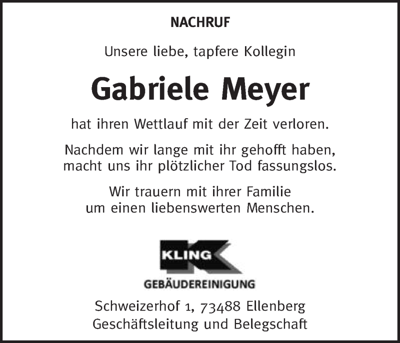  Traueranzeige für Gabriele Meyer vom 21.10.2021 aus Schwäbische Post