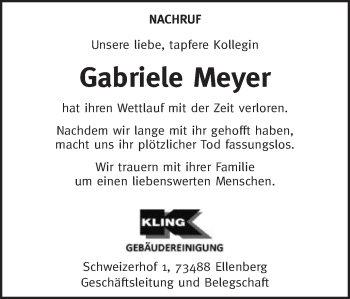 Traueranzeige von Gabriele Meyer von Schwäbische Post