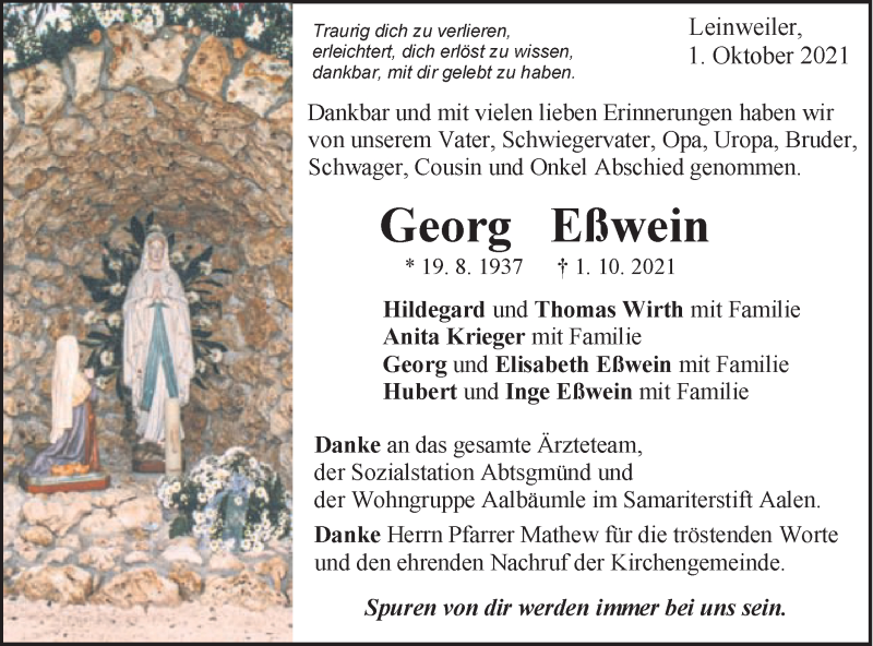  Traueranzeige für Georg Eßwein vom 07.10.2021 aus Schwäbische Post
