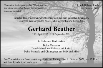 Traueranzeige von Gerhard Beuther von Gmünder Tagespost