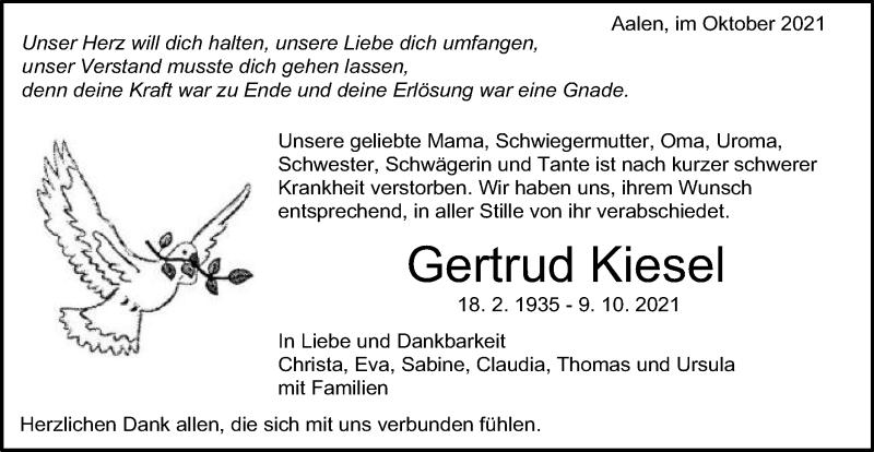  Traueranzeige für Gertrud Kiesel vom 23.10.2021 aus Schwäbische Post