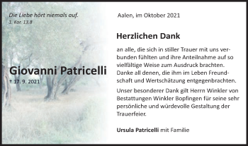 Traueranzeige von Giovanni Patricelli von Schwäbische Post