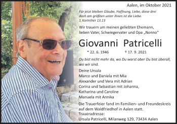 Traueranzeige von Giovanni Patricelli von Schwäbische Post