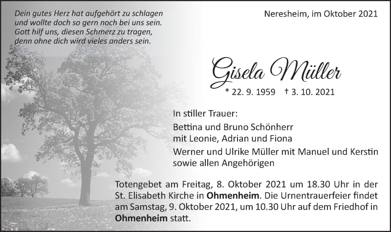 Traueranzeige für Gisela Müller vom 07.10.2021 aus Schwäbische Post