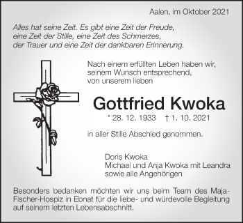 Traueranzeige von Gottfried Kwoka  von Schwäbische Post