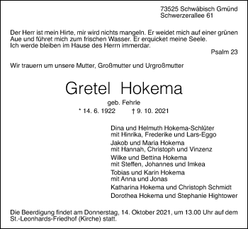 Traueranzeige von Gretel Hokema von Gmünder Tagespost