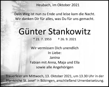 Traueranzeige von Günter Stankowitz von Gmünder Tagespost