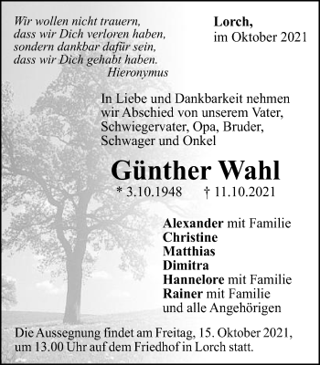 Traueranzeige von Günther Wahl von Gmünder Tagespost