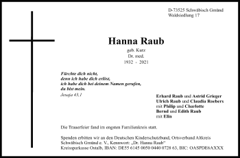 Traueranzeige von Hanna Raub von Gmünder Tagespost