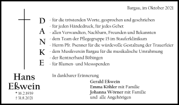 Traueranzeige von Hans Eßwein von Gmünder Tagespost