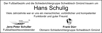 Traueranzeige von Hans Schulig von Gmünder Tagespost