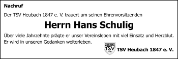 Traueranzeige von Hans Schulig von Gmünder Tagespost