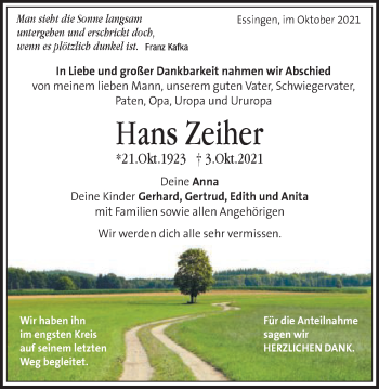 Traueranzeige von Hans Zeiher von Schwäbische Post