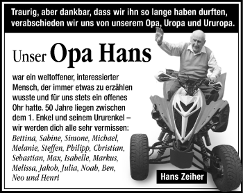 Traueranzeige von Hans Zeiher von Schwäbische Post