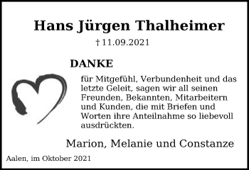 Traueranzeige von Hans Jürgen Thalheimer von Schwäbische Post