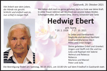 Traueranzeige von Hedwig Ebert von Schwäbische Post