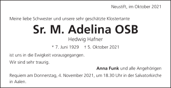 Traueranzeige von Hedwig Hafner von Schwäbische Post