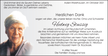Traueranzeige von Hedwig Stussig von Schwäbische Post