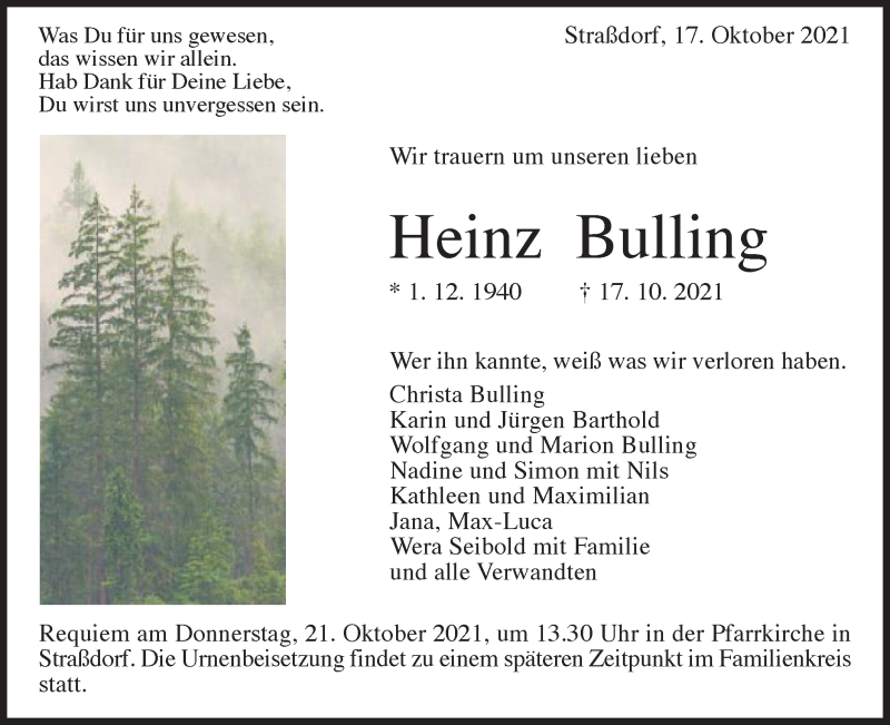  Traueranzeige für Heinz Bulling vom 19.10.2021 aus Gmünder Tagespost