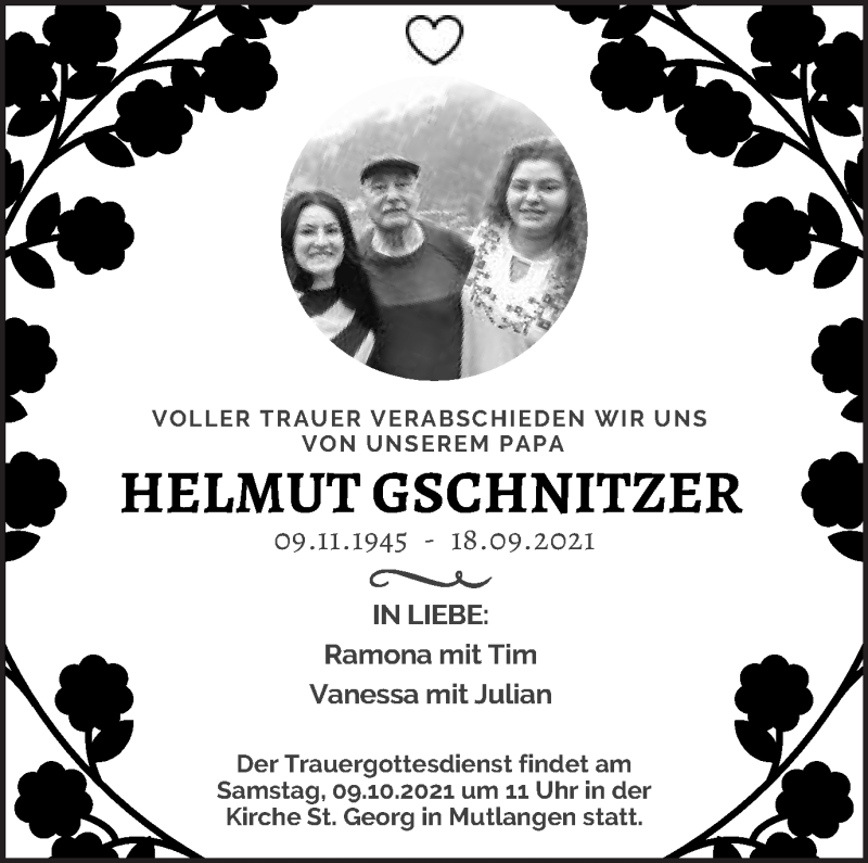  Traueranzeige für Helmut Gschnitzer vom 06.10.2021 aus Gmünder Tagespost