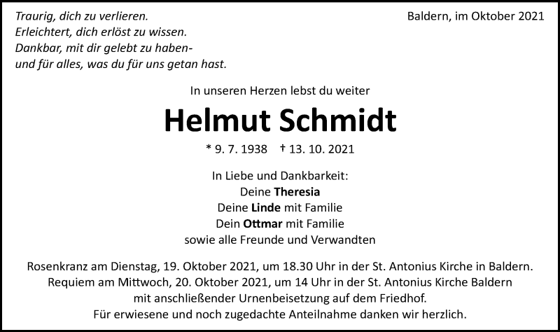  Traueranzeige für Helmut Schmidt vom 18.10.2021 aus Schwäbische Post