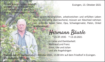 Traueranzeige von Hermann Bäurle von Schwäbische Post