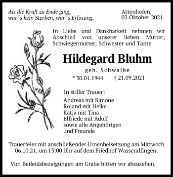 Traueranzeige von Hildegard Bluhm von Schwäbische Post