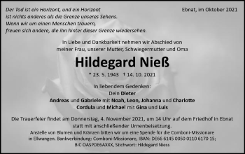Traueranzeige von Hildegard Nieß von Schwäbische Post