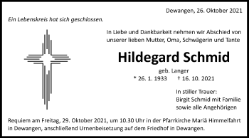 Traueranzeige von Hildegard Schmid von Schwäbische Post