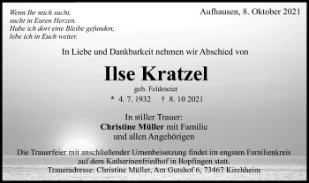 Traueranzeige von Ilse Kratzel von Schwäbische Post