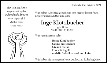 Traueranzeige von Inge Klotzbücher von Gmünder Tagespost