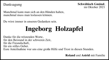 Traueranzeige von Ingeborg Holzapfel von Gmünder Tagespost