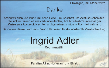 Traueranzeige von Ingrid Adler von Schwäbische Post
