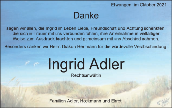 Traueranzeige von Ingrid Adler