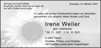 Traueranzeige von Irene Weller von Schwäbische Post