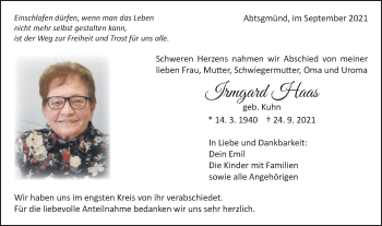 Traueranzeige von Irmgard Haas  von Schwäbische Post